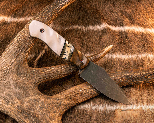Field Knife- Teak, Black G10, Desert Tan G10, OD Green G10 and Copper Pin Striping, Black Calceon Split, Elk antler, Patriot Mosaic Pins, Textured Grip