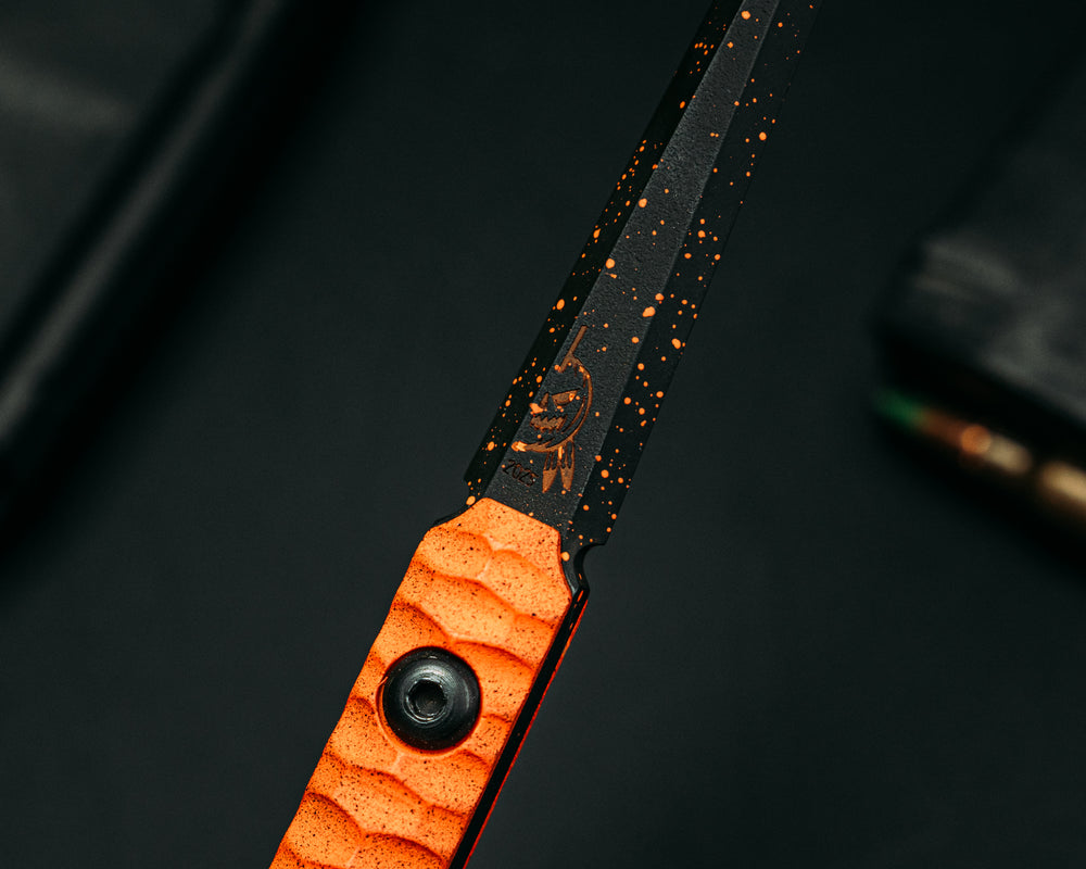 Cardiac Spike (2025 Halloween Edition)  - Hunter Orange G10, Armor Black Cerakote w/ Orange Splatter, Allen Bolts, Iron Grip.