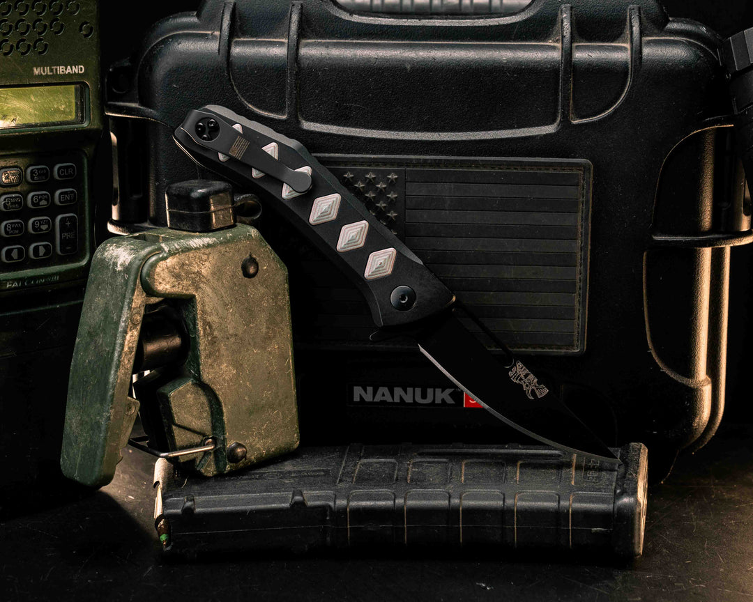 Custom Kwaiken Folder - Shipwreck Camo Quartz, Anodized Black Handle, Black Nitride Blade, Textured Grip, Deep Carry Pocket Clip
