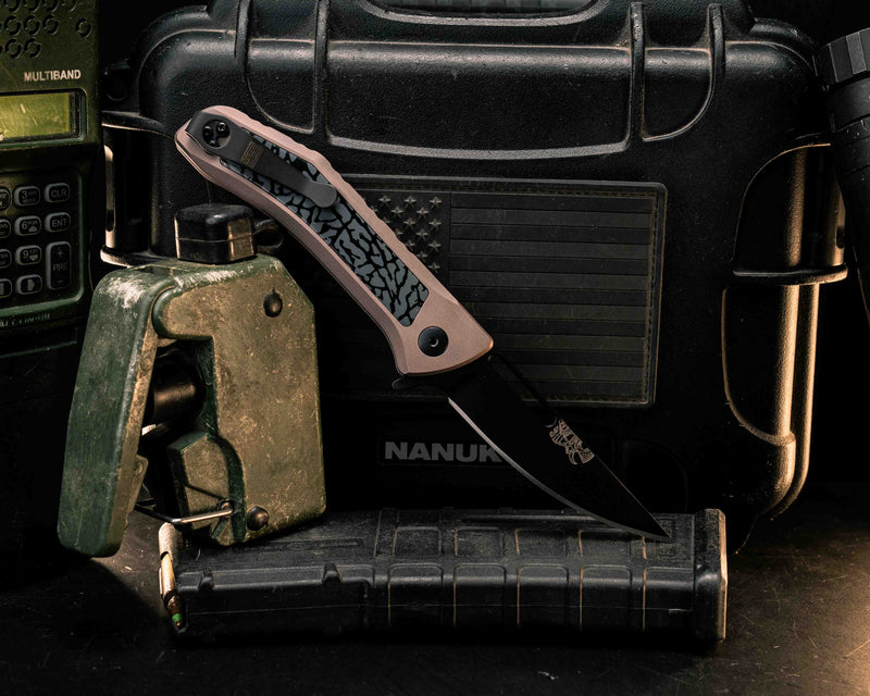Kwaiken Folder custom-  Black and Grey Elephant Print Jordan Resin, Anodized Grey Handle, Grey Nitride Blade, Smooth Grip, Deep Carry Pocket Clip