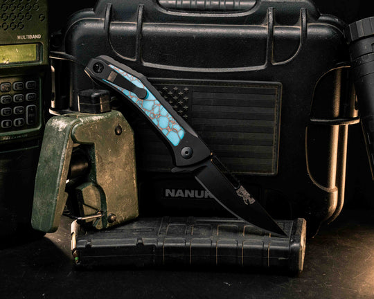 Custom Kwaiken Folder- Turquoise with Copper Web Tru Stone, Anodized Black Handle, Black Nitride Blade, Smooth Grip, Deep Carry Pocket Clip