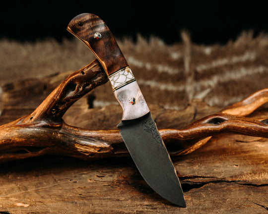 Cav Jr - Elk Antler, Black G10 & Brass Pin Striping, White w/ Gold Web Tru Stone Split, Hawaiian Curly Koa, Brass Patriot Pins, Textured Grip.