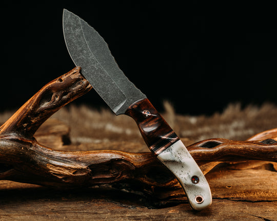 Skinner Jr - Hawaiian Curly Koa, Black G10 & Copper Pin Striping, Copper & Black Canvas Splits, Elk Antler, Copper Patriot Pins, Textured Grip.