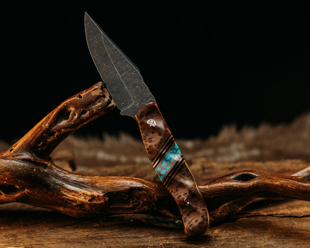 Crow Cub - Redwood, Black & OD Green G10, Copper & Turquoise Tru Stone Split, Copper Patriot Pins, Textured Grip.