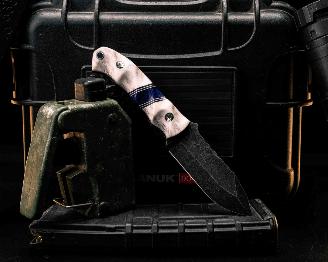 Disaster Cub- Elk Antler, Black G10, White G10 and Purple G10 Pin Striping, Violet Juma Gem Split, Mosaic Pins, Aluminum Lanyard Pin, Textured Grip