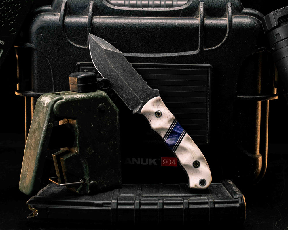Disaster Cub- Elk Antler, Black G10, White G10 and Purple G10 Pin Striping, Violet Juma Gem Split, Mosaic Pins, Aluminum Lanyard Pin, Textured Grip
