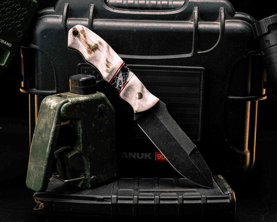 Disaster Jr Gen 3- Elk Antler, Black G10, Cherry G10 and Brass Pin Striping, Black with White Web Tru-stone Split, Mosaic Pins, Brass Lanyard Pin, Textured Grip