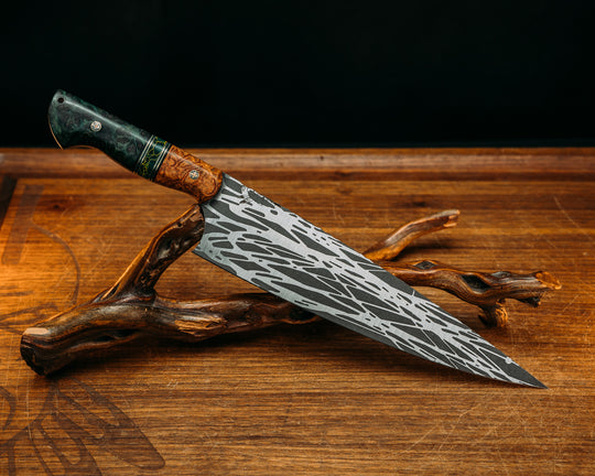 Chef Blade  10" - Afzelia, Black, OD Green & Emerald G10 w/ Brass Pin Striping, Arizona Jade Tru Stone Split, Dyed Redwood, Mosaic Pins, CF Lanyard Pin, Smooth Grip.