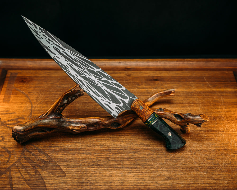 Chef Blade  10" - Afzelia, Black, OD Green & Emerald G10 w/ Brass Pin Striping, Arizona Jade Tru Stone Split, Dyed Redwood, Mosaic Pins, CF Lanyard Pin, Smooth Grip.