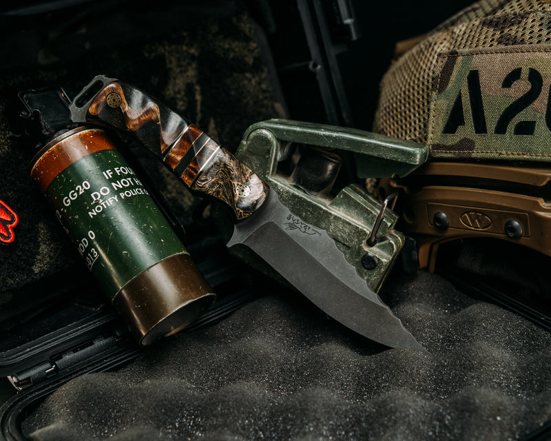 Tosahwi- Gold Dark Matter, Black G10 and Brass Pin Striping, Hawaiian Curly Koa and Brass Infused Carbon Split, Hawaiian Curly Koa Over African Blackwood, Mosaic Pins, Textured Grip