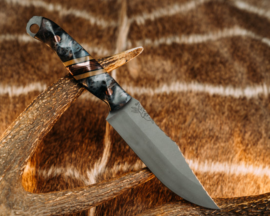 Crow Scout- Dyed Box Elder, Black G10, Coyote G10 and Copper Split, Copper Pins, Textured Grip
