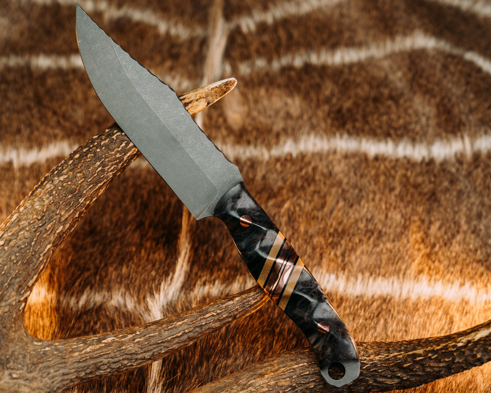 Crow Scout- Dyed Box Elder, Black G10, Coyote G10 and Copper Split, Copper Pins, Textured Grip
