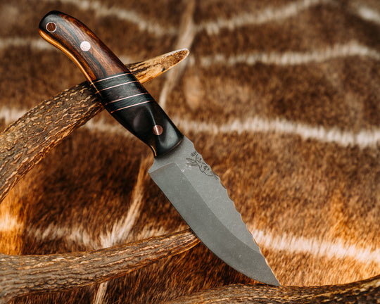 Crow Jr- Hawaiian Curly Koa, Black G10 and Copper Pin Striping, Blue Dark Matter Carbon, Copper Dark Matter Carbon and Green Dark Matter Carbon Split, Desert Ironwood, Copper Pins, Copper Lanyard Pin, Contoured Grip