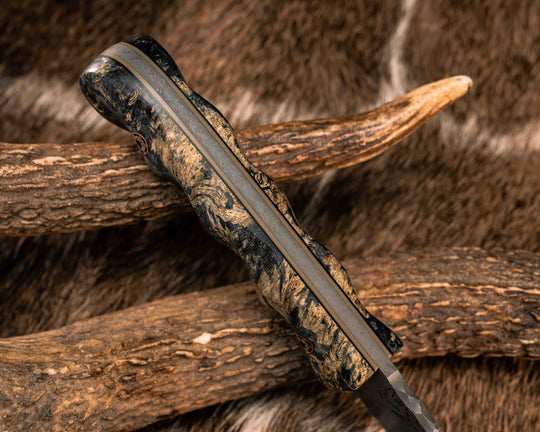 Cav Jr- Dyed Buckeye Burl, Mosaic Pins, Brass Lanyard Pin, Textured Grip