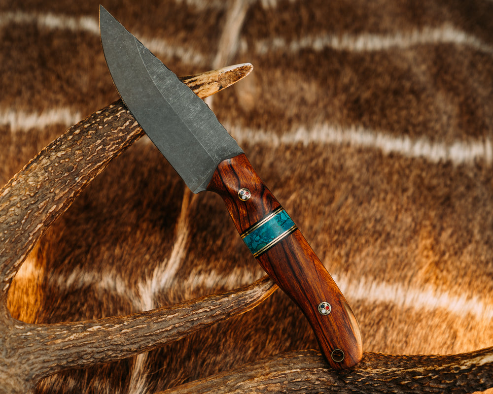 Crow Jr- Desert Ironwood, Black G10 and Brass Pin Striping, Chrysocolla Tru-stone Split, Patriot Mosaic Pins, Brass Lanyard Pin, Contoured Grip