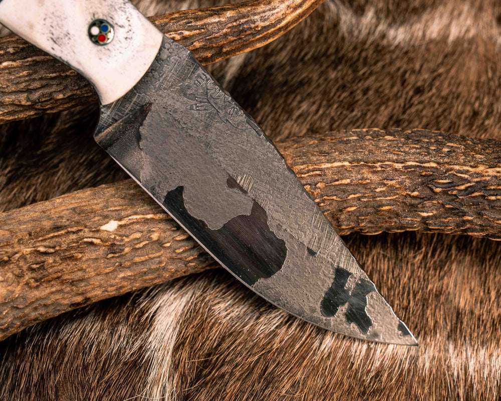 Crow Jr- Elk Antler, Black G10, Brass and Aluminum Split, Amboyna Burl, Patriot Mosaic Pins, Brass Lanyard Pin, Textured Grip
