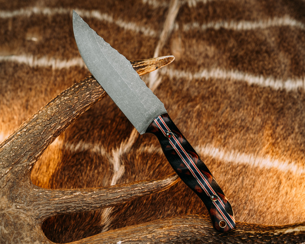 Crow Scout- Desert Ironwood Over Black Burlap Micarta, Black, Red, White and Blue G10 Split, Patriot Mosaic Pins, Brass Lanyard Pin, Textured Grip