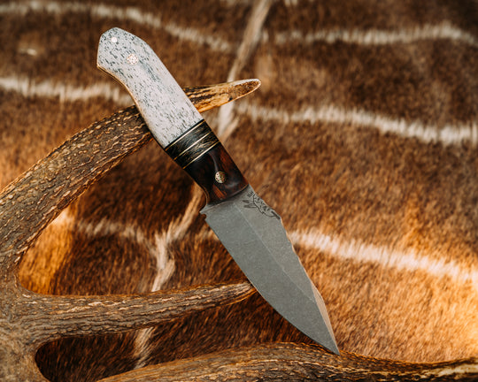 Field Knife- Desert Ironwood, Black G10 and Brass Pin Striping, Gold Dark Matter Carbon Split, Mosaic Pins, 1/8" Brass Pin, Contoured Grip