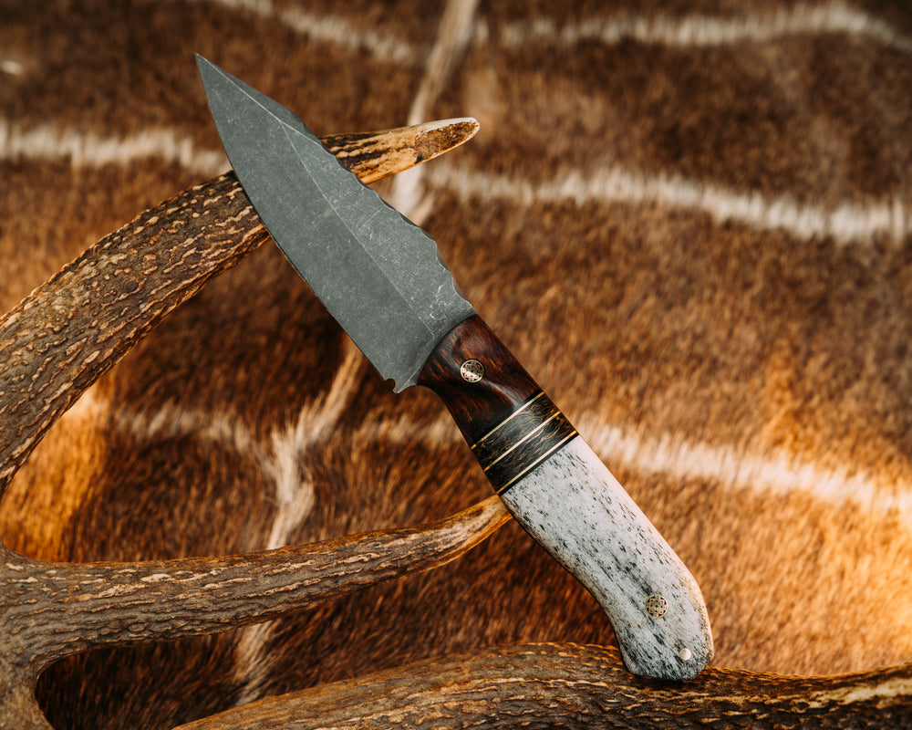 Field Knife- Desert Ironwood, Black G10 and Brass Pin Striping, Gold Dark Matter Carbon Split, Mosaic Pins, 1/8" Brass Pin, Contoured Grip