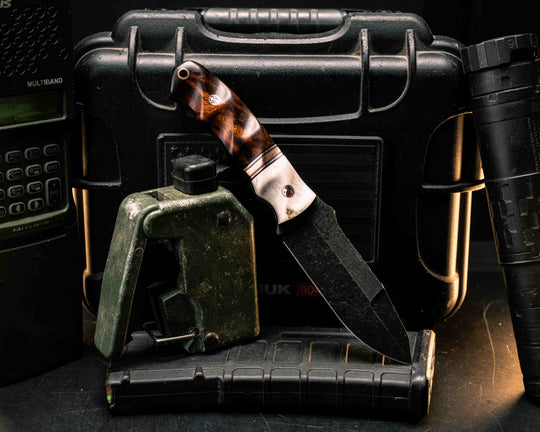 Disaster Jr Gen 3- Elk Antler, Black G10 and Copper Split, Desert Ironwood, Copper Patriot Mosaic Pins, Copper Lanyard Pin, Textured Grip