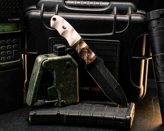 Disaster Jr Gen 3- Chechen Caribbean Rosewood, OD Green G10, Copper and White G10 Pin Striping, Chechen Caribbean Rosewood Split, Elk antler, Copper Patriot Mosaic Pins, Copper Lanyard Pin, Textured Grip