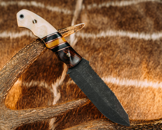 Disaster Breacher- Desert Ironwood, Black G10 and Copper Pin Striping, Black Canvas Micarta and Vintage Butterscotch Micarta Split, Giraffe Bone, Mosaic Pins, CF Lanyard Pin, Grooved Grip