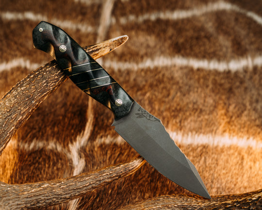 Field Knife- Desert Ironwood Over Green Dark Matter Carbon, Black G10 and Brass Pin Striping, Green Dark Matter Carbon and Black Canvas Micarta Split, Mosaic Pins, 1/8" Mosaic Pin, Textured Grip