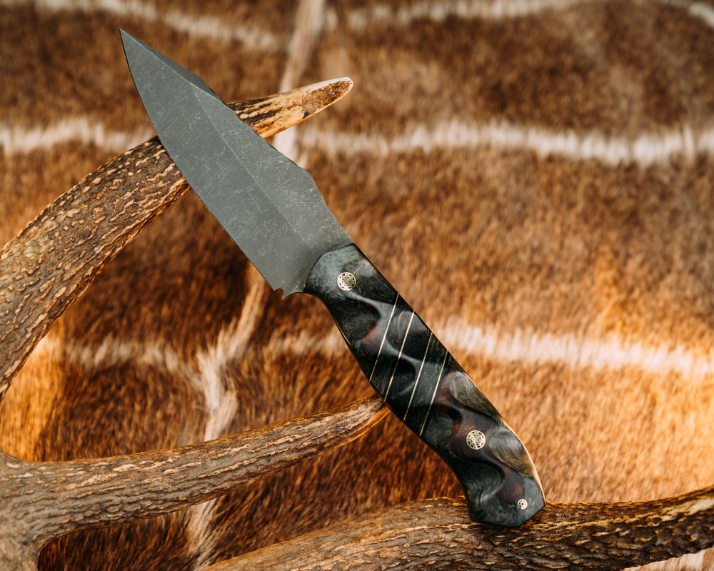 Field Knife- Desert Ironwood Over Green Dark Matter Carbon, Black G10 and Brass Pin Striping, Green Dark Matter Carbon and Black Canvas Micarta Split, Mosaic Pins, 1/8" Mosaic Pin, Textured Grip