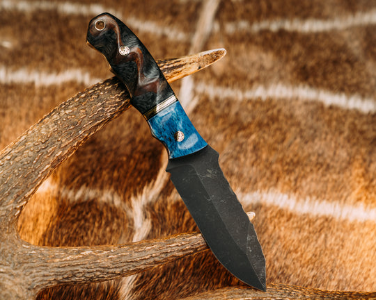 Disaster Jr- Dyed Giraffe Bone, Black G10 and Brass Split, Hawaiian Curly Koa Over Carbon, Mosaic Pins, Brass Lanyard Pin, Textured Grip
