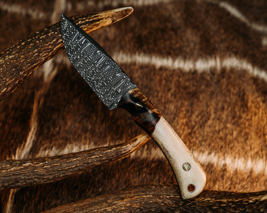 Cav Jr- Vegas Forge Dot Matrix Damascus- Hawaiian Curly Koa, Copper Split, Mosaic Pins, Copper Lanyard Pin, Contoured Grip