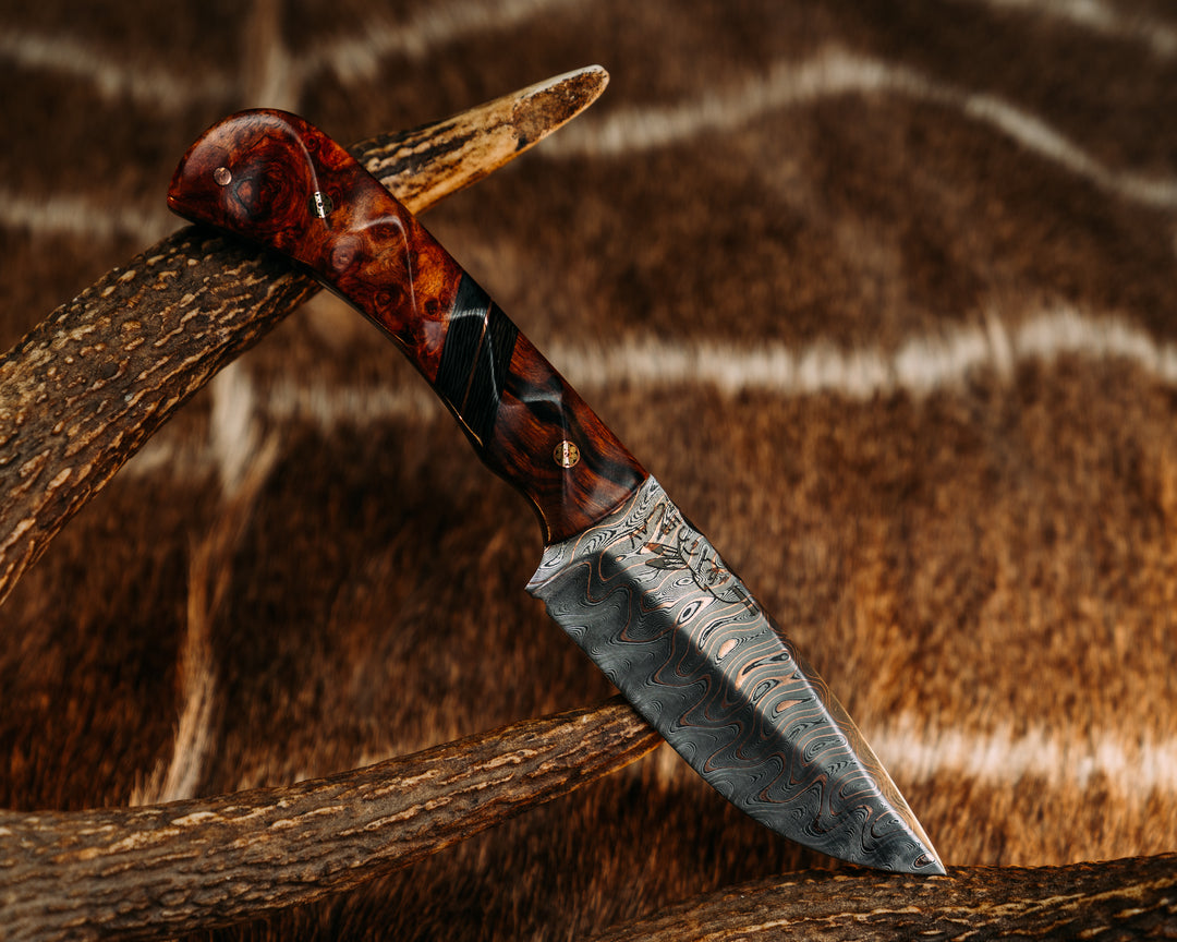 Cav Jr- Baker Forge Riptide Chevron CopperMai Damascus- Desert Ironwood, Carbon and Copper Split, Amboyna Burl, Mosaic Pins, 1/8" Copper Pin, Textured Grip