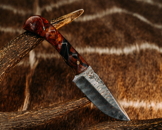 Cav Jr- Baker Forge Riptide Chevron CopperMai Damascus- Desert Ironwood, Carbon and Copper Split, Amboyna Burl, Mosaic Pins, 1/8" Copper Pin, Textured Grip