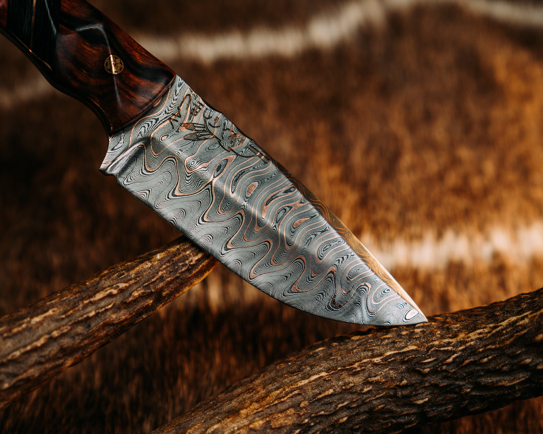 Cav Jr- Baker Forge Riptide Chevron CopperMai Damascus- Desert Ironwood, Carbon and Copper Split, Amboyna Burl, Mosaic Pins, 1/8" Copper Pin, Textured Grip
