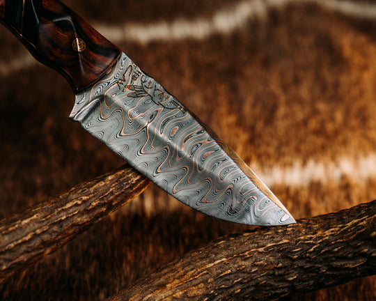 Cav Jr- Baker Forge Riptide Chevron CopperMai Damascus- Desert Ironwood, Carbon and Copper Split, Amboyna Burl, Mosaic Pins, 1/8" Copper Pin, Textured Grip