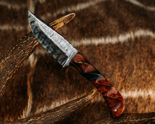 Cav Jr- Baker Forge Riptide Chevron CopperMai Damascus- Desert Ironwood, Carbon and Copper Split, Amboyna Burl, Mosaic Pins, 1/8" Copper Pin, Textured Grip