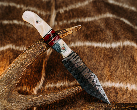 Crow Scout Tanto- Baker Forge CopperMai Ladder Damascus- Dyed Giraffe Bone, Black G10 and Copper Pin Striping, Sugi Tru-stone and Hawaiian Curly Koa, Giraffe Bone, Copper Patriot Mosaic Pins, 1/8" Copper Pin, Textured Grip