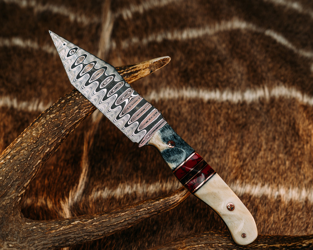 Crow Scout Tanto- Baker Forge CopperMai Ladder Damascus- Dyed Giraffe Bone, Black G10 and Copper Pin Striping, Sugi Tru-stone and Hawaiian Curly Koa, Giraffe Bone, Copper Patriot Mosaic Pins, 1/8" Copper Pin, Textured Grip