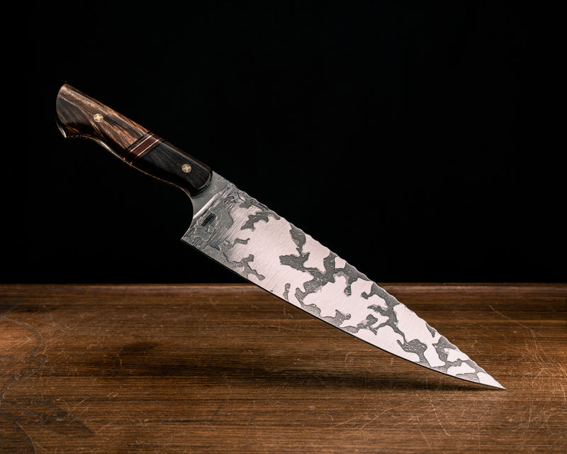 10" Chef Blade- African Blackwood, Black G10, Brown Canvas Micarta and Copper Split, Hawaiian Curly Koa, Mosaic Pins, Smooth Grip