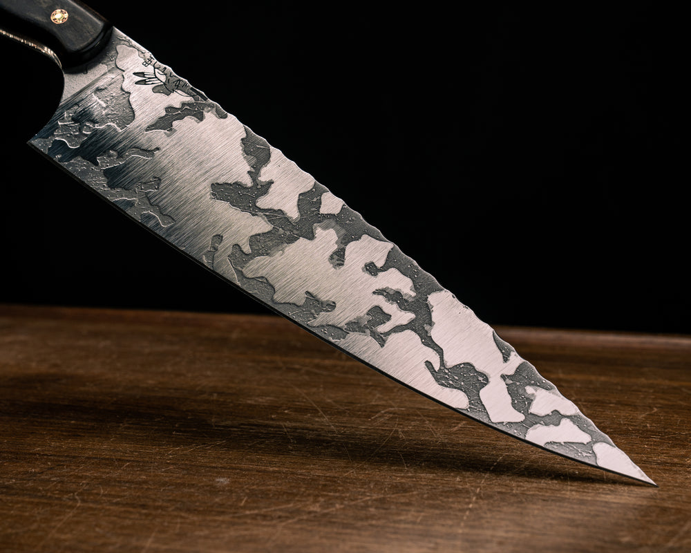 10" Chef Blade- African Blackwood, Black G10, Brown Canvas Micarta and Copper Split, Hawaiian Curly Koa, Mosaic Pins, Smooth Grip