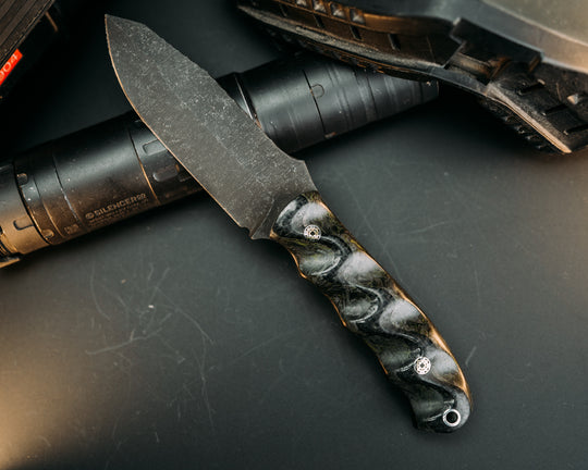 Disaster Jr- Black Burlap Micarta Over Green Dark Matter Carbon, Mosaic Pins, Aluminum Lanyard Pin, Textured Grip