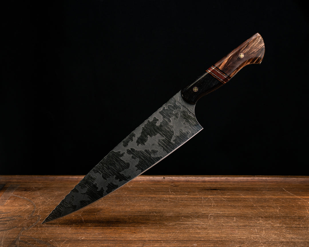 10" Chef Blade- African Blackwood, Black G10, Brown Canvas Micarta and Copper Split, Hawaiian Curly Koa, Mosaic Pins, Smooth Grip