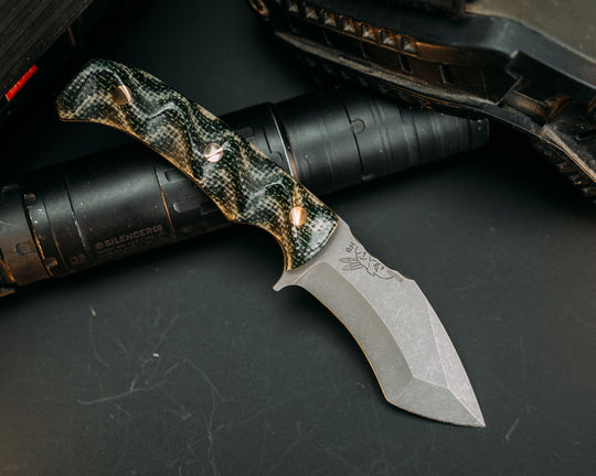 Buteo- OD Green and Desert Tan Layered Burlap Micarta, Brass Pins, Textured Grip