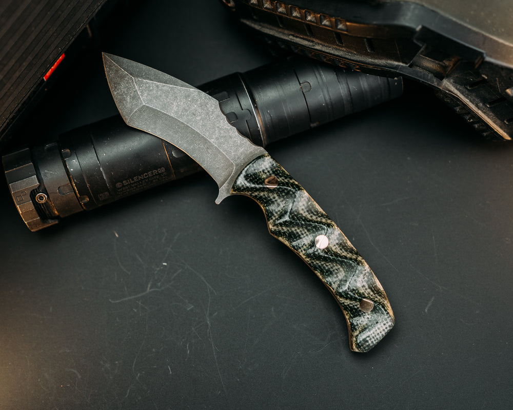 Buteo- OD Green and Desert Tan Layered Burlap Micarta, Brass Pins, Textured Grip