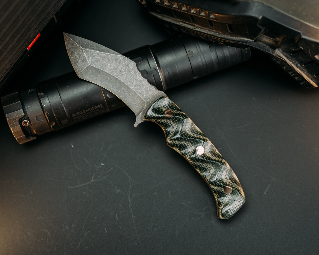 Buteo- OD Green and Desert Tan Layered Burlap Micarta, Brass Pins, Textured Grip