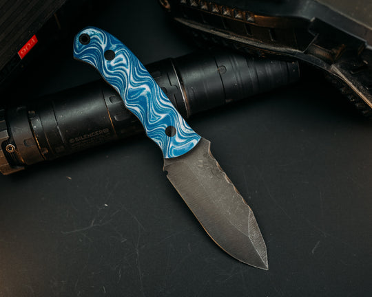 Disaster Cub- Blue and White Layered G10, CF Pins, CF Lanyard Pin, Textured Grip