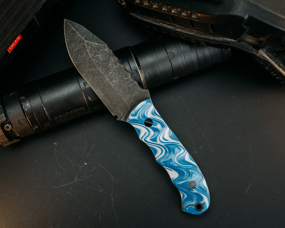 Disaster Cub- Blue and White Layered G10, CF Pins, CF Lanyard Pin, Textured Grip