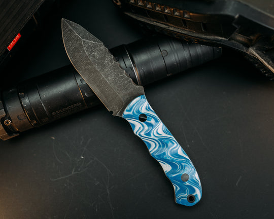 Disaster Cub- Blue and White Layered G10, CF Pins, CF Lanyard Pin, Textured Grip