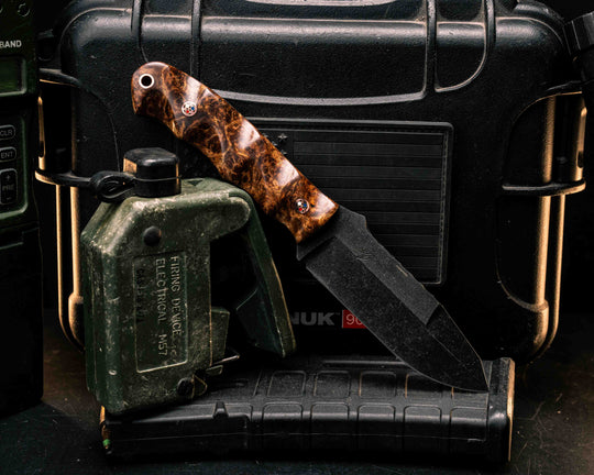 Disaster Jr Gen 3- Amboyna Burl, Copper Patriot Mosaic Pins, Copper Lanyard Pin, Textured Grip