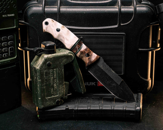 Disaster Jr Gen 3- Chechen Caribbean Rosewood, Black G10, Forest Green G10 and Coyote G10 Pin Striping, Chechen Caribbean Rosewood Split, Elk antler, CF Pins, CF Lanyard Pin, Textured Grip