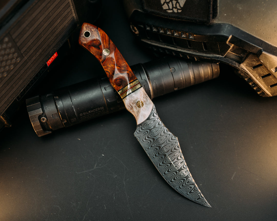 Red Cloud- Baker Forge Ladder Pattern Damascus- Black G10, Brass and Natural Micarta Split, Desert Ironwood, Mosaic Pins, Brass Lanyard Pin, Textured Grip